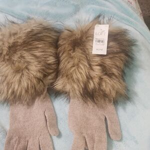 LOFT Faux Fur Trim Mittens - Tan